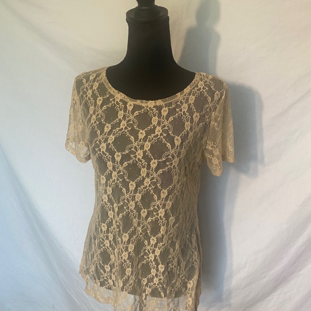 Origami by Vivien Beige Floral Lace Glitter Short Sleeve Top Small Scoop Neck